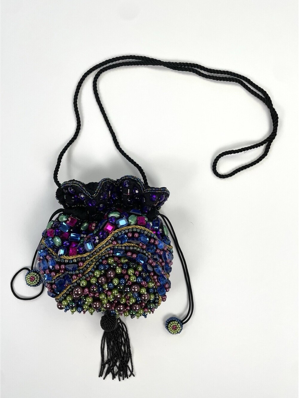 Chicos Vintage Iridescent Beaded Bag Drawstring Cord Strap Multi Color Purse